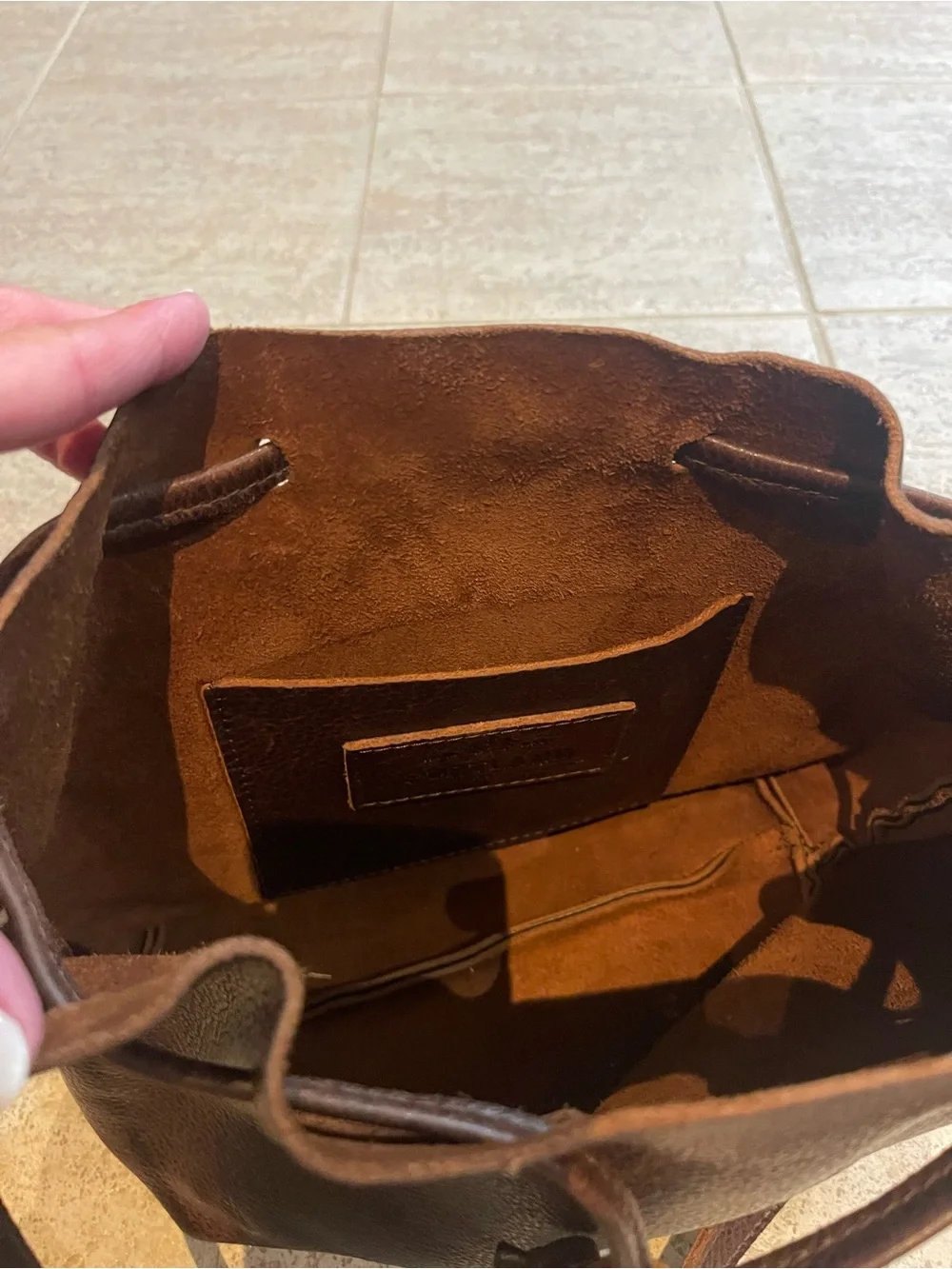 Women’s Brown Leather Bucket Bag with Drawstring closure - large